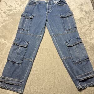 GRLFRND Women’s Cargo Jeans Size 32 Blue Denim Utility Pocket Straight Leg Pants